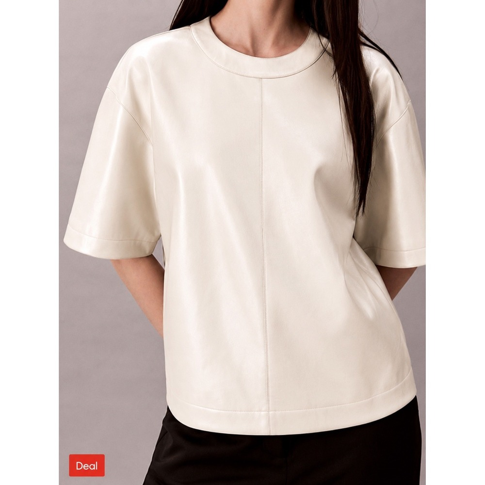 Calvin Klein Womens Faux Leather Boxy T-Shirt Top Cream L Career Chic Minimalist